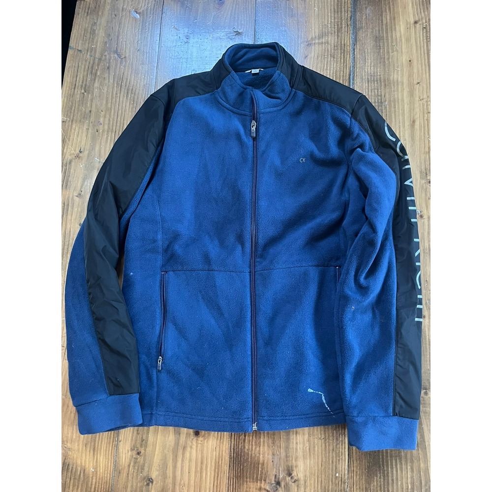 Calvin‎ Klein Mens Fleece Full Zip Jacket Blue Black Logo Sleeve Size M